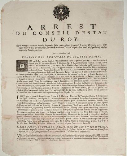 null (TARN-ET-GARONNE. 1728. MONNAIE) Placard (48 x 38). «Arrest du conseil d'État...
