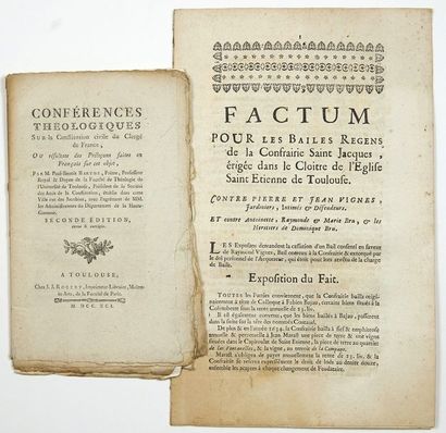 null TOULOUSE. CLERGÉ. 2 Imprimés:
Mémoire de Procès imprimé vers 1740 - «FACTUM...