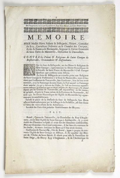 null (SEINE MARITIME. 1744. SAINT PIERRE DE MANNEVILLE (76) «Mémoire pour Messire...