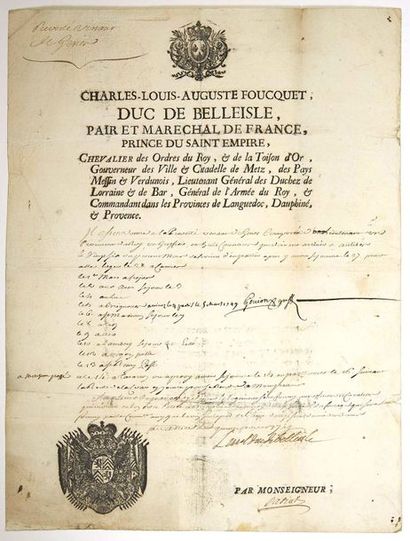null Louis Charles Auguste Fouquet, Duc de BELLE-ISLE, Maréchal de France en 1741.
Pièce...