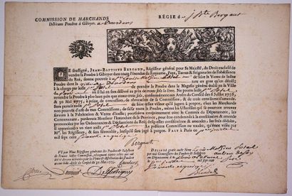 null (ESSONNE. 1775. DOURDAN) Commission de Marchand Débitant de POUDRES À GIBOYER...