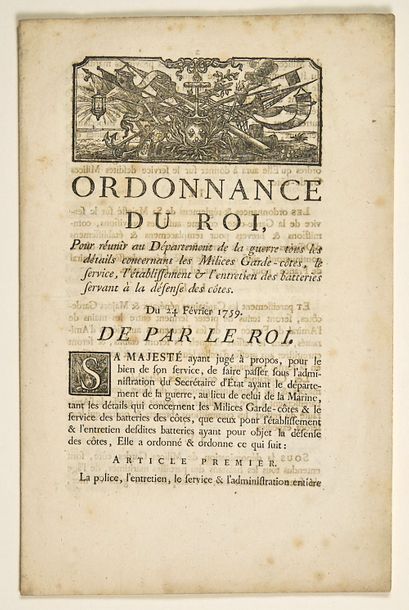 null MILICES GARDE-CÔTES. 1759. "Ordonnance du Roi, pour réunir au Département de...