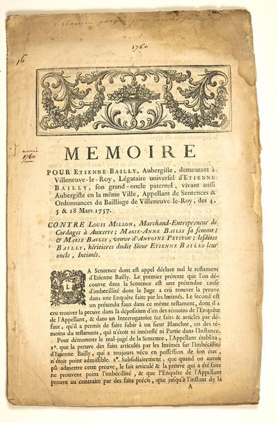 null VILLENEUVE-LE-ROI (VAL-DE-MARNE). 1760. «Mémoire pour Étienne BAILLY, Aubergiste,...