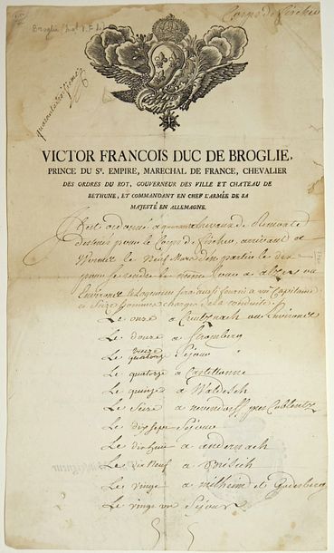 null Victor François, Prince de BROGLIE, Maréchal de France en 1759.
Pièce Signée...