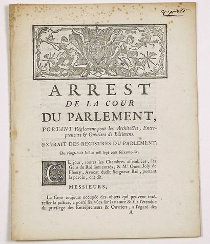 null (PARIS. ARCHITECTES.) - «Arrest de la Cour du Parlement de PARIS, portant Règlement...
