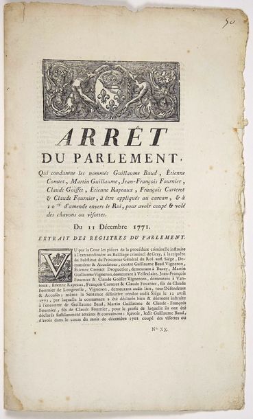 null (VINS) PARLEMENT DE BESANÇON 1771. "Arrêt du Parlement, qui condamne les nommés...