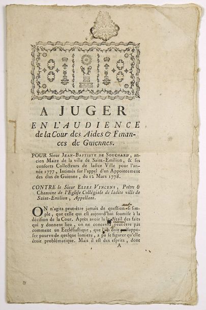 null (GIRONDE) SAINT-ÉMILION. 1778. MÉMOIRE de Procès Impr. chez Pierre PHILLIPOT,...