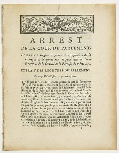 null NOISY-LE-SEC (93). CLERGÉ. 1782. "Arrest de la Cour de Parlement, portant Règlement...