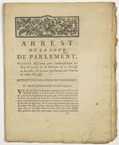 null VAL D'OISE. SARCELLES. 1784. «Arrest de la Cour de Parlement, portant Règlement...