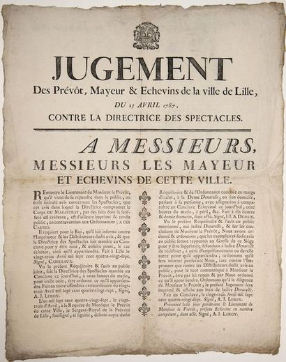 null LILLE (NORD) 1787. CENSURE. Placard (52 x 42). «JUGEMENT des Prévôt, Mayeur...