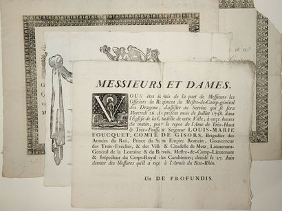 null METZ (MOSELLE) 4 Placards mortuaires in-plano (1788 - 1816). Qq. défauts: «Messieurs...
