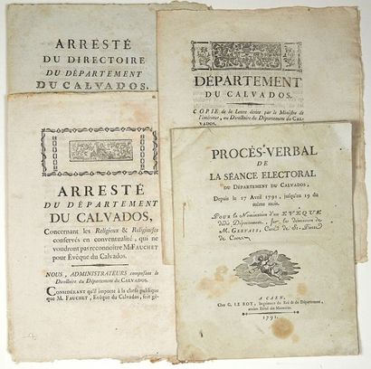 null CALVADOS. PRÊTRES CONSTITUTIONNELS. 4 pièces imprimées à CAEN en 1791: 1) Procès-verbal...