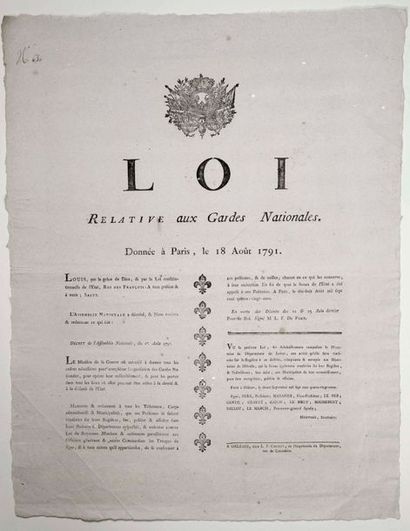 null LOIRET. 1791. «LOI relative aux GARDES NATIONALES.» Placard (54 x 42). Données...