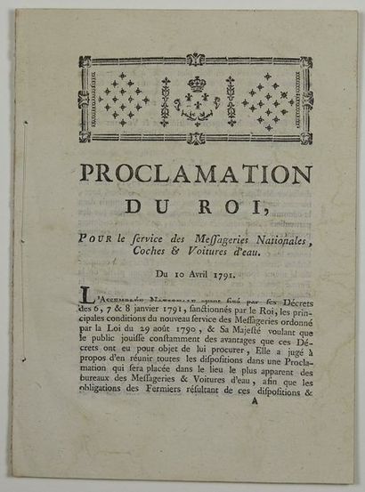 null (COCHES & VOITURES D'EAU. 1791) «Proclamation du Roi, pour le Service des MESSAGERIES...