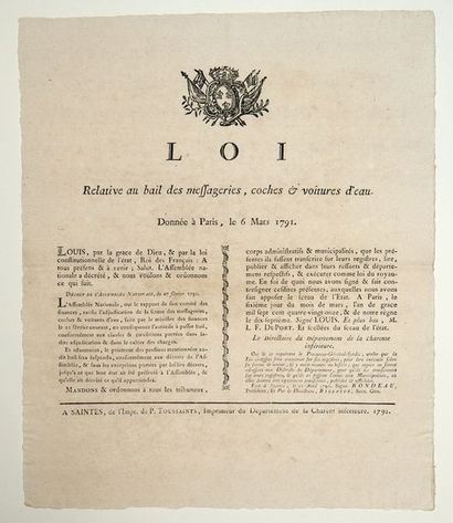 null POSTES & MESSAGERIES. 1791. Placard (38 x 32) «LOI relative au bail des MESSAGERIES,...