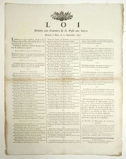 null POSTE AUX LETTRES. 1791. Placard (53 x 42) - «LOI relative aux COURRIERS DE...