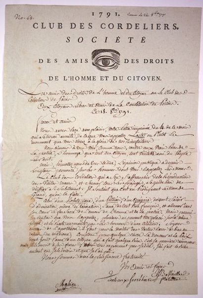 null 1791. CLUB DES CORDELIERS DE PARIS ou la Société des Amis des Droits de L'Homme...