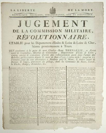 null (CHOUANS.) Placard (53 x 42) «JUGEMENT DE LA COMMISSION MILITAIRE RÉVOLUTIONNAIRE,...