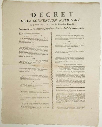 null POSTES & MESSAGERIES. 1793. Placard (49 x 39) «Décret de la Convention Nationale,...