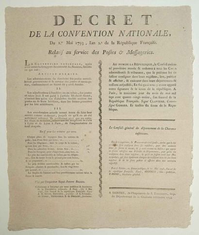 null POSTES & MESSAGERIES. 1793. Placard (38 x 31) «Décret de la Convention Nationale,...