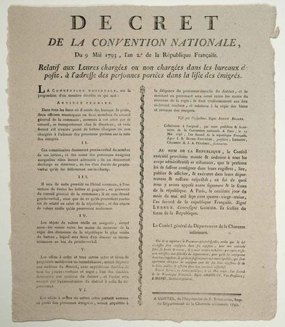 null POSTE AUX LETTRES. 1793. Placard (39 x 33) «Décret de la Convention Nationale,...