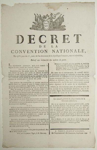 null POSTE AUX CHEVAUX. 1793. Placard (42 x 27) «Décret de la Convention Nationale,...