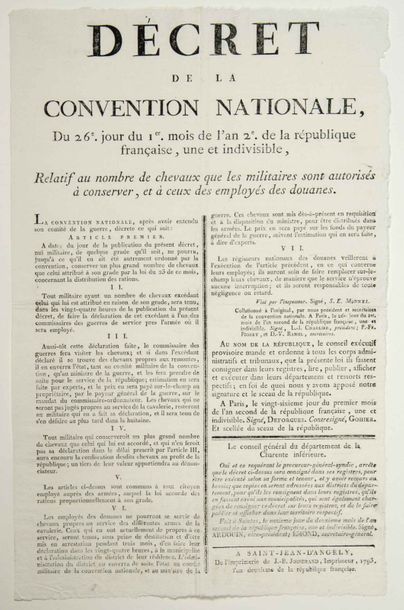 null DOUANE. CHEVAUX. 1793. Placard (41 x 26) «Décret de la Convention Nationale,...
