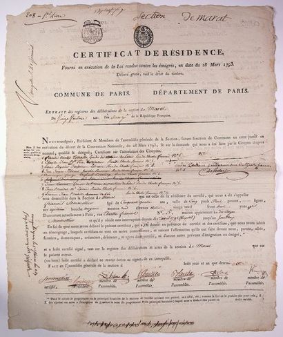 null PARIS. SECTION DE MARAT. 1793 - Certificat de Résidence fourni en exécution...