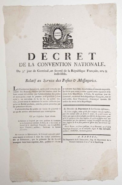 null POSTES & MESSAGERIES. 1794. Placard (42 x 26). «Décret de la Convention Nationale,...