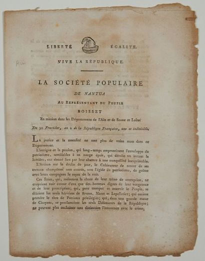 null (AIN. NANTUA. 1794) - Lettre Imprimée de la SOCIÉTÉ POPULAIRE de NANTUA, an...