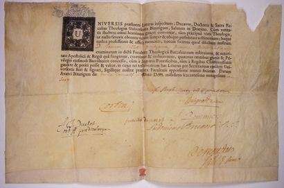null UNIVERSITÉ DE BOURGES. 1796. Pièce signée du Doyen, des Docteurs de l'Université...