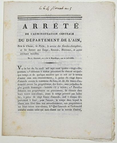 null AIN. CHASSE AUX LOUPS. 1797. "Arrêté de l'administration Centrale du Département...