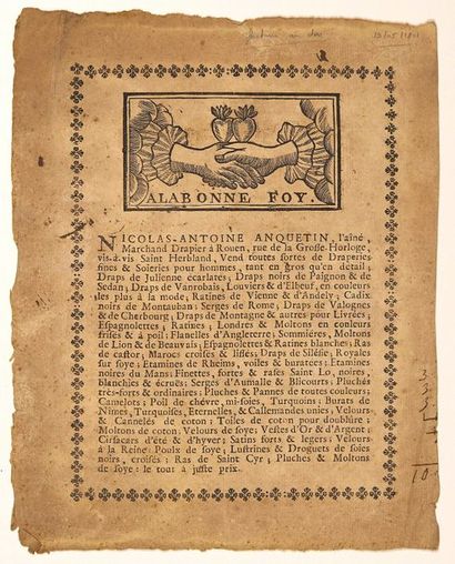 null ROUEN (76). 1801. Publicité (23 x 18) «À LA BONNE FOY.» Nicolas-Antoine ANQUETIN,...