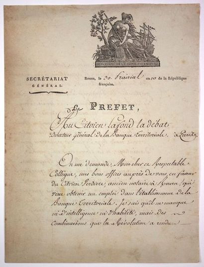null VIGNETTE. ROUEN (76) le 30 Prairial An 10 (19 Juin 1802). Lettre signée du Préfet...