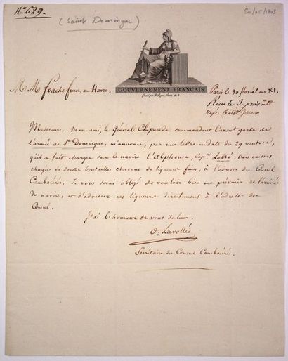 null SAINT DOMINGUE. VIGNETTE GRAVÉE. Lettre signée «O. LAVOLLÉE» Secrétaire du Consul
Cambacérès,...