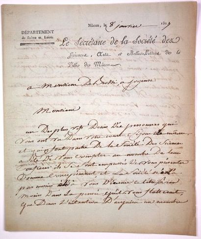 null SAÔNE-ET-LOIRE. MÂCON 8 Janvier 1807. Lettre signée «Le Secrétaire de la Société...