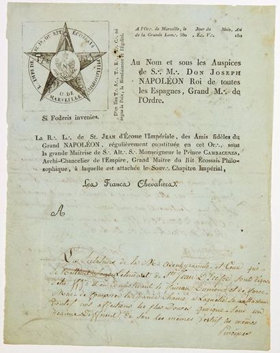 null FRANC-MAÇONNERIE. MARSEILLE. (1809). LOGE IMPÉRIALE de ST JEAN DU RITE ÉCOSSAIS...