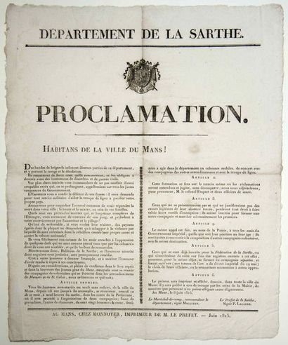 null (TERREUR BLANCHE. CHOUANS. SARTHE. 1815) Placard (53 x 43).
Proclamation des...