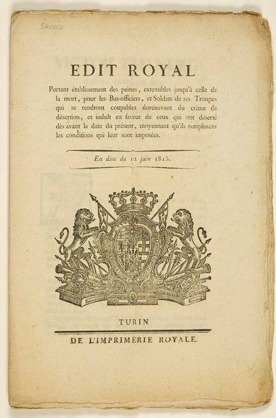 null (SAVOIE. VICTOR EMMANUEL Roi de Sardaigne, Duc de Savoie) "ÉDIT ROYAL portant...