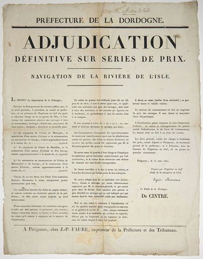 null DORDOGNE. «NAVIGATION DE LA RIVIÈRE DE L'ISLE.» Placard (53 x 42) «Adjudication...