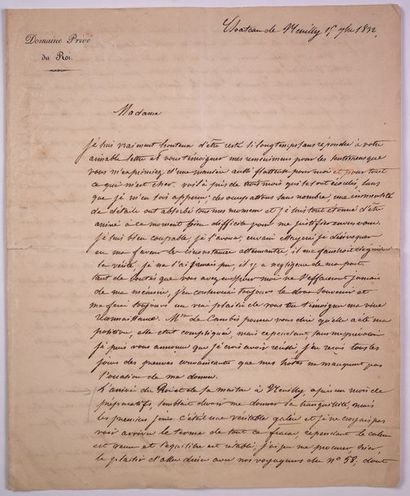 null CHÂTEAU DE NEUILLY (92) le 12 Septembre 1832. «Domaine privé du Roi.» - Lettre...