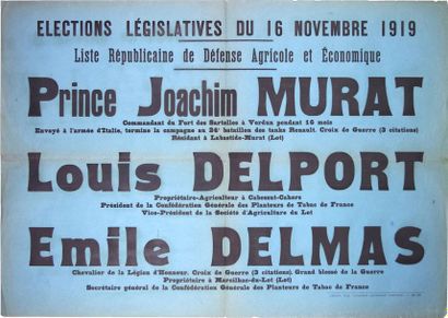 null LOT. MURAT. Affiche «Élections Législatives du 16 Novembre 1919.» Liste du Prince...