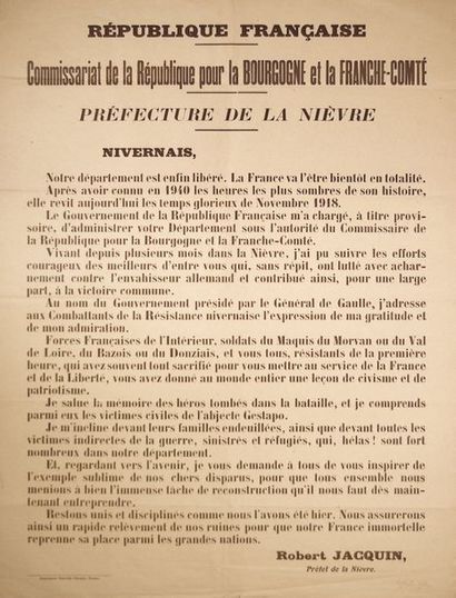 null LA NIÈVRE LIBÉRÉE, Septembre 1944. «Commissariat de la république pour la Bourgogne...