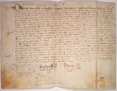 null (SARTHE) 1551. LA CHAPELLE D'ALIGNÉ. Grand parchemin (29 x 38) - Devant Notaires...