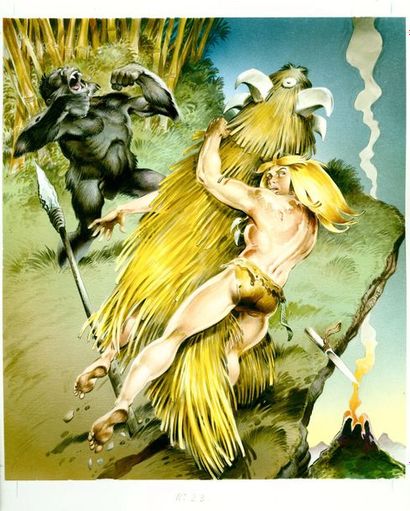 CHERET André 
Rahan
Grande illustration représentant Rahan luttant contre un sorcier
Encre...