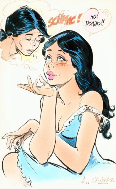 CHERET André 
Grande illustration représentant une jeune femme amoureuse de Domino
Aquarelle...