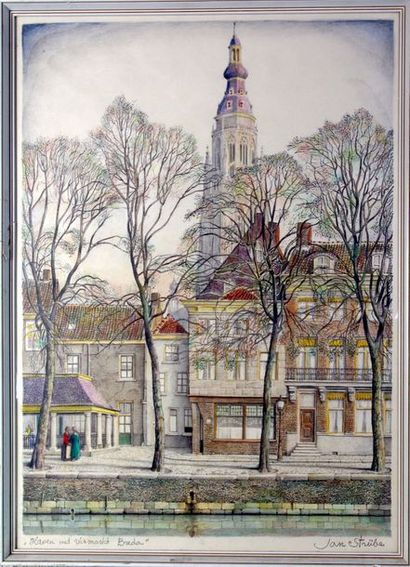 null Strübe Jan (1892-1985) « Vue de Breda et son marché » vers 1930. Eau-forte signée....