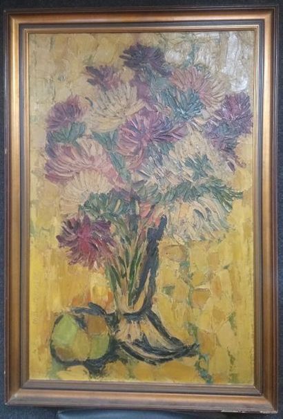 null Pourteyron Michel (1938-2011) « Bouquet de fleurs dans un vase. 1960. Huile...