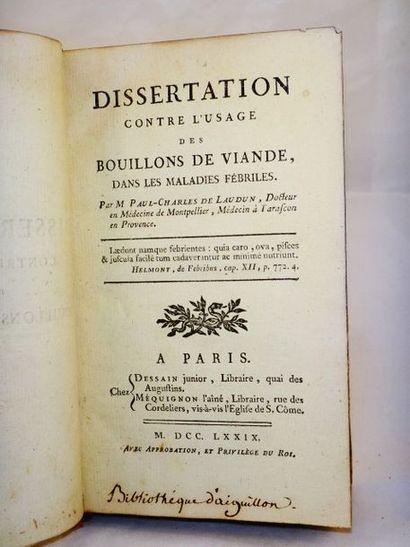 null LAUDUN, Paul-Charles de. Dissertation contre l'usage des Bouillons de Viande,...