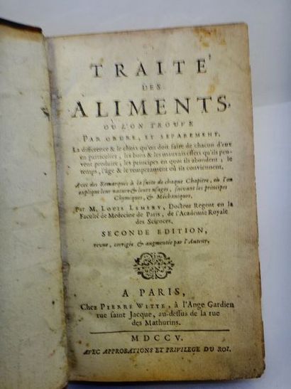 null LEMERY, Louis. Traité des Alimens Paris, Pierre Witte, 1705. In-12, basane de...